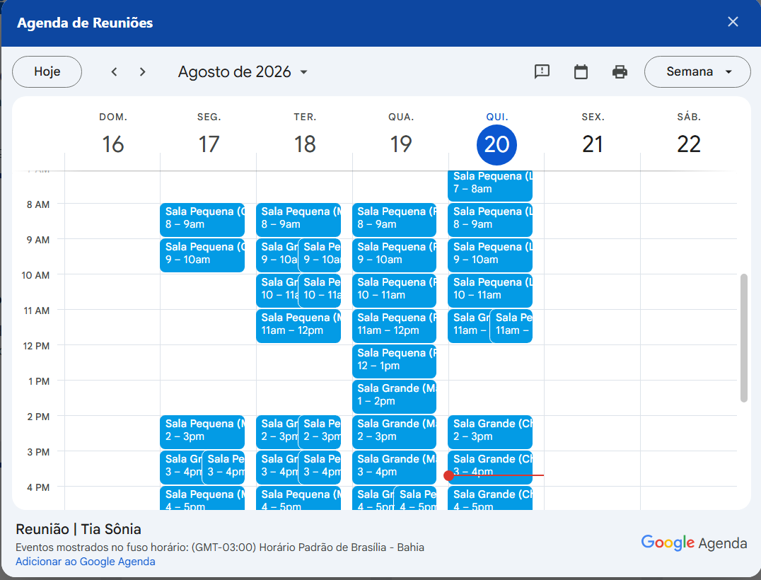 Agenda de Reunioes mostrando os horarios ja marcados em cada sala