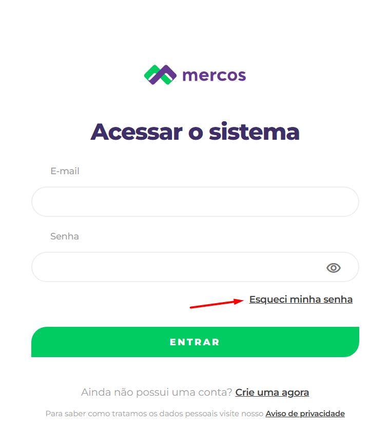 Link Esqueci minha senha na tela de login do Mercos