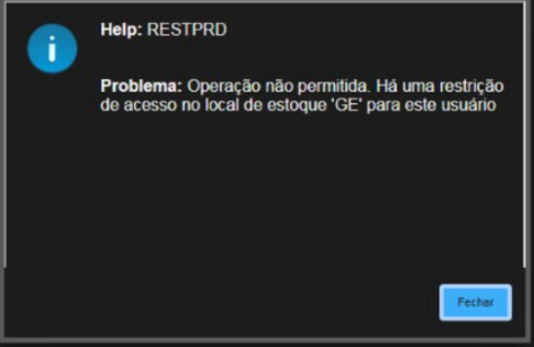 Exemplo de erro de restricao GE no local de estoque